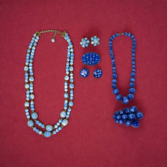 Antique Blue Beaded Necklace Earring Set Moon Glow Necklace Dress Clip Brooch - Picture 3 of 10